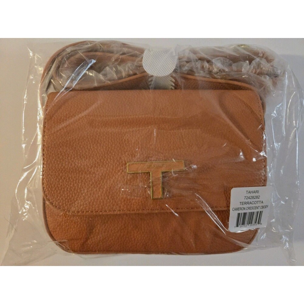 NWT Tahari Cameron Crescent Crossbody Bag Terracotta Orange T-Logo Orig Plastic